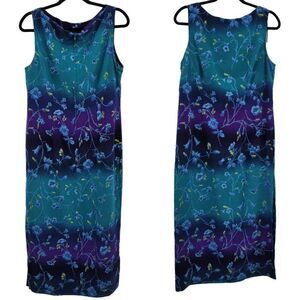Vintage 80's Sag Harbor Maxi Dress 14 Teal Purple Ombre‎ Floral Side Slit Resort